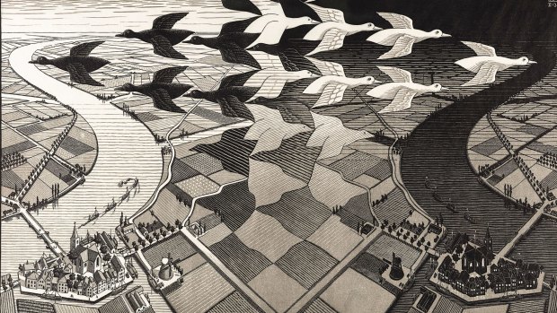 M.C. Escher's  elaborate woodblock print Day and Night (1938).