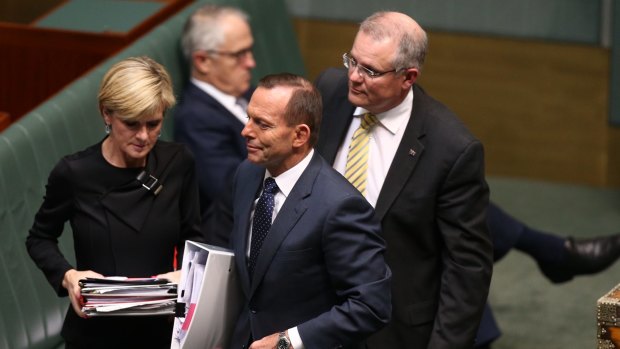 Leadership rivals: Prime Minister Tony Abbott with cabinet ministers Julie Bishop, Malcolm Turnbull and Scott Morrison in Parliament last week. 
