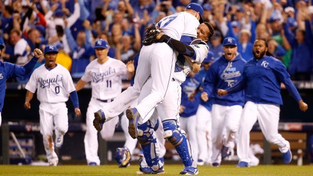 The Kansas City Royals celebrate after qualifying for the 2015 World Series.