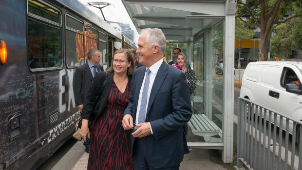 Malcom Turnbull with new Sex Discrimination Commissioner Kate Jenkins in Melbourne on Monday.