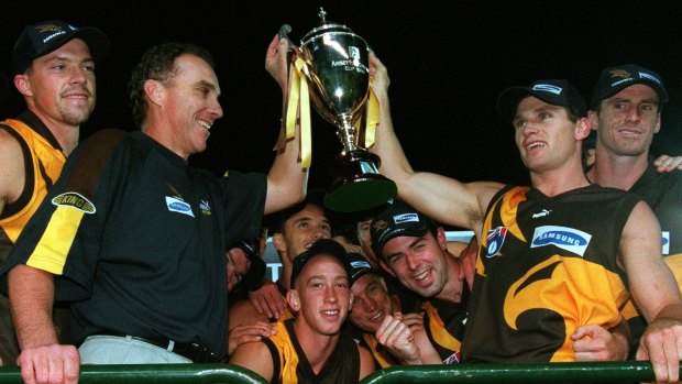 Ken Judge in his time as Hawthorn coach with then captain Shane Crawford.