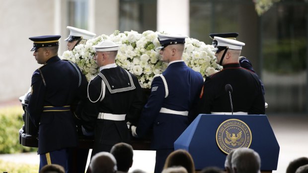 The casket carrying former first lady Nancy Reagan at her funeral service on Friday.