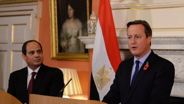British Prime Minister David Cameron holds a news conference with Egyptian President Abdel Fattah el-Sisi at 10 Downing Street.