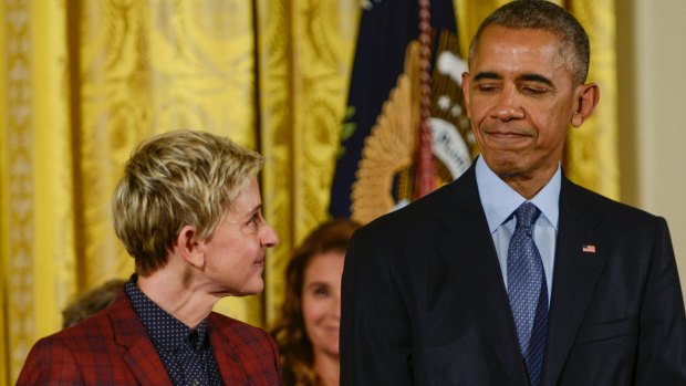  Ellen DeGeneres tears up as President Obama presents her with the 2016 Presidential Medal Of Freedom.