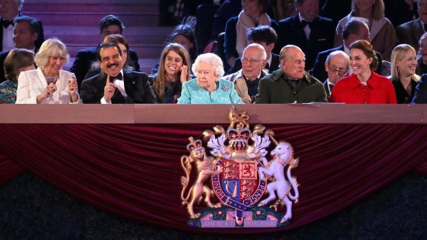 Watching the festivities from the royal box: Camilla, Duchess of Cornwall; King of Bahrain; Prince Philip, Duke of Edinburgh; and Catherine, Duchess of Cambridge along with the Queen.