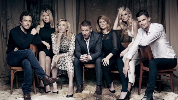 The cast of <i>The Present</i> at Sydney Theatre Company. From left: Chris Ryan, Jacqueline McKenzie, Cate Blanchett, Richard Roxburgh, Susan Prior, Anna Bamford, Toby Schmitz.