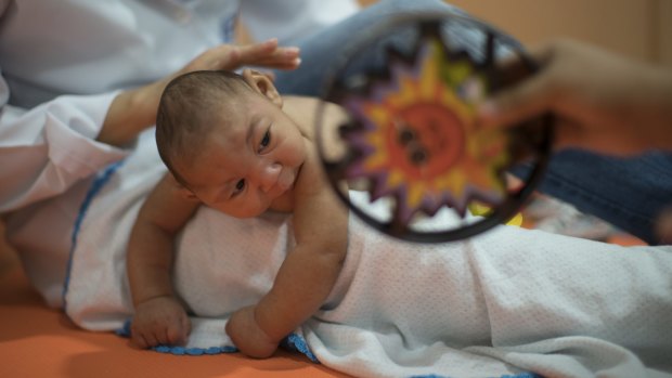 Three-month-old Daniel, who was born with microcephaly, receives treatment in Recife, Brazil. 