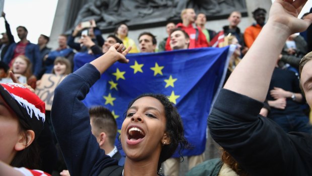 Protesters gather to demonstrate against the EU referendum result in Trafalgar Square.