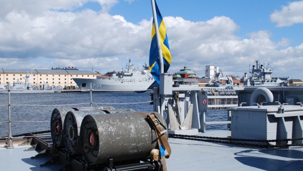 Anti-submarine depth charges are seen on the deck of Swedish Koster-class naval mine-hunter HMS Ulvon at Karlskrona naval base, Sweden.