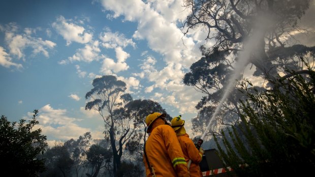 CFA members fight a fire threatening homes in Valley Road Skye.