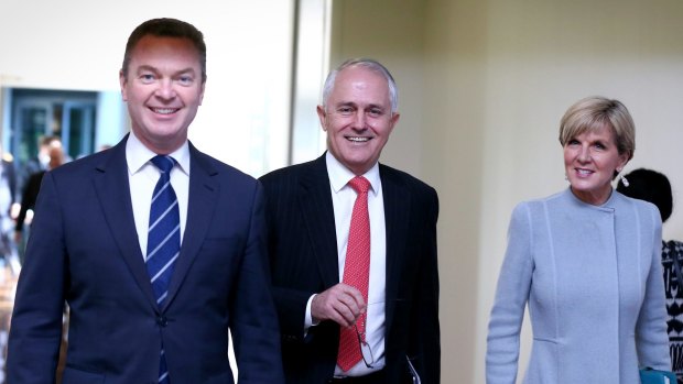 Christopher Pyne (left), pictured with Malcolm Turnbull and Julie Bishop on Monday.