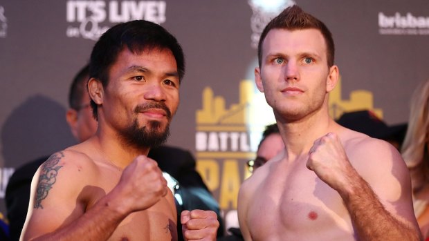 Manny Pacquiao and Jeff Horn face-off after the weigh-in ahead of the title fight at Suncorp Stadium on Sunday.
