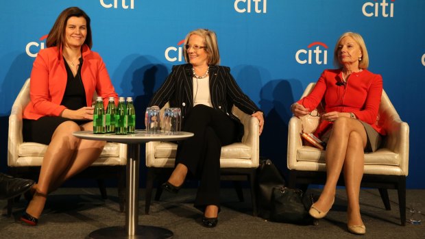 Annabel Spring, Commonwealth Bank, head of wealth management, Lucy Turnbull, Greater Sydney Commission, chief commissioner and Heather Ridout, Reserve Bank of Australia, board member speaking on a state of Australia panel discussion at the Citi conference.