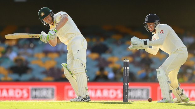 Crossing paths: Cameron Bancroft works the ball away with Jonny Bairstow behind the stumps.