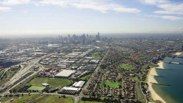 An aerial view of the land that will form the new suburbs of Fishermans Bend.