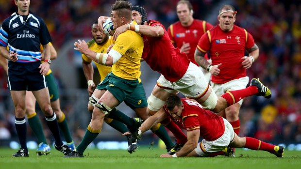 Reeled in: it took plenty from Wales to stop Wallabies revelation Sean McMahon.
