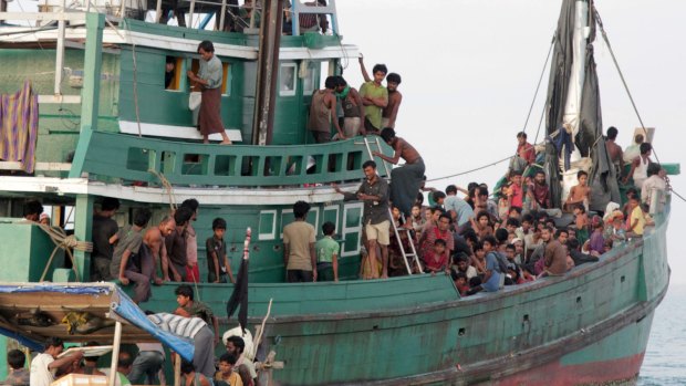 Rohingya and Bangladeshi refugees awaiting rescue by Acehnese fishermen off East Aceh, Indonesia, in May 2015.