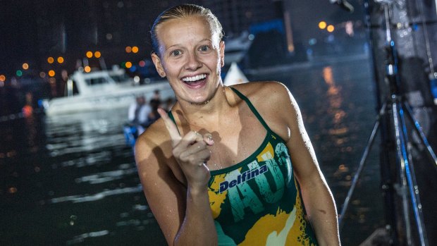 Rhiannan Iffland after diving from the 20.5 metre platform on the Dubai Marina Pier 7 building during the Red Bull Cliff Diving World Series on Friday.