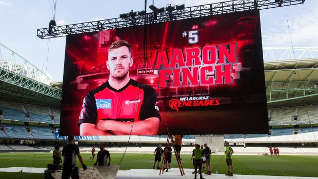 An image of 'Gades captain Aaron Finch is seen on the 'JumboTron' screen, ready to be installed from the roof of Etihad Stadium.