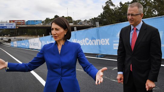 NSW Premier Gladys Berejiklian and federal Urban Infrastructure Minister Paul Fletcher at the opening of the so-called G-Loop at Homebush. 