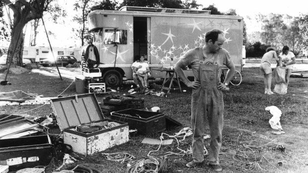Tim Coldwell with Circus Oz equipment in 1981. 