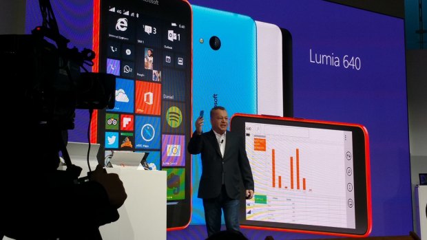 Stephen Elop, executive vice president of Microsoft's Devices and Services business unit, unveils the Lumia 640.