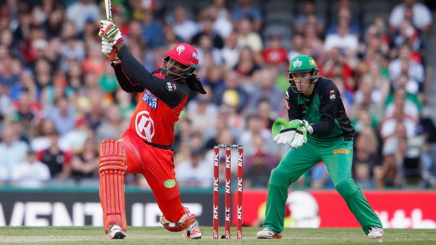 Renegade: Chris Gayle hits Stars spinner Adam Zampa over mid-wicket.