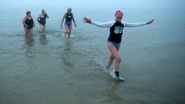 Come on in, the water's freezing: members of Point Lonsdale's Morning Mermaids bay swimming group, left to right Judy, Annette, Helen Zierk and Norma
