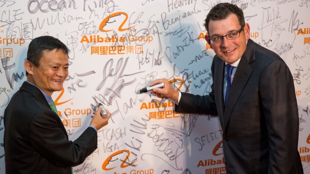Writing on the wall: Alibaba founder Jack Ma with Premier of Victoria Daniel Andrews at the launch of Alibaba's Australian and New Zealand headquarters.