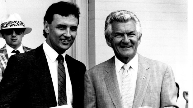Craig Emerson with the then prime minister Bob Hawke at the Randwick races in 1988. Besides politics, Emerson was also close to Hawke personally, often seen as a surrogate son.