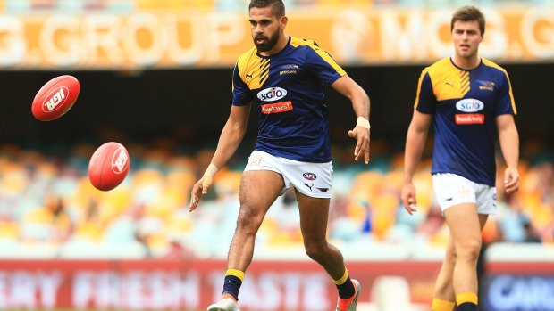 BRISBANE, AUSTRALIA - JUNE 18:  Lewis Jetta of the Eagles kicks before the round 13 AFL match between the Brisbane Lions and the West Coast Eagles at The Gabba on June 18, 2016 in Brisbane, Australia.  (Photo by Chris Hyde/Getty Images)