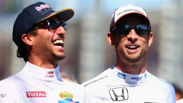 Red Bull's Daniel Ricciardo shares a laugh with Jenson Button during the Australian Formula One Grand Prix in March.