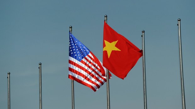 The US and Vietnam national flag flutter on masts during the welcoming ceremony of US Defence Secretary Ashton Carter at the Ministry of Defence in Hanoi in June, 2015.