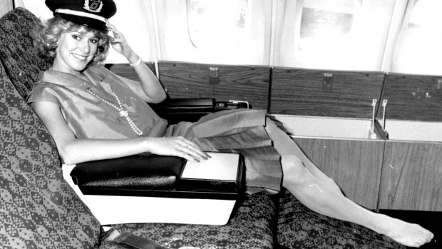 Miss Australia Tracey Pearson relaxes in Qantas business class in 1985.