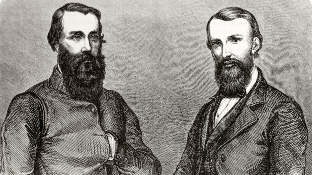 Old engraved portraits of Robert O'Hara Burke and William John Wills, British explorers of Australia.