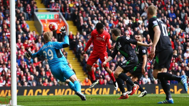 Daniel Sturbridge heads home for Liverpool against Stoke City at Anfield on Sunday.