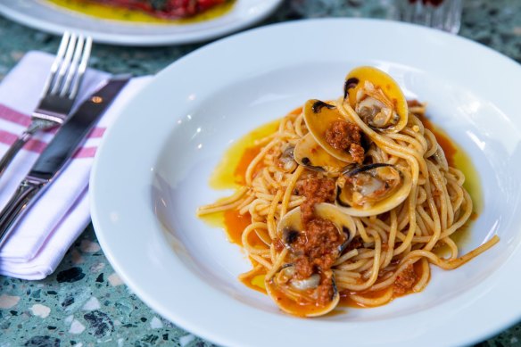 Spaghetti with 'nduja, clams and white wine at Bastardo.