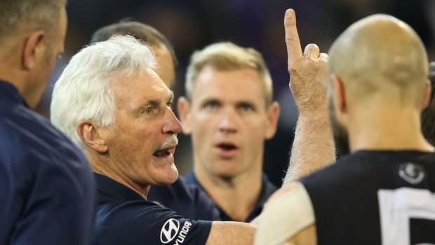The only way is up... Blues coach Mick Malthouse speaks to his players during Friday's game.