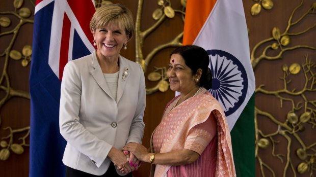 Julie Bishop with the Indian Foreign Minister Sushma Swaraj in New Delhi on Tuesday.