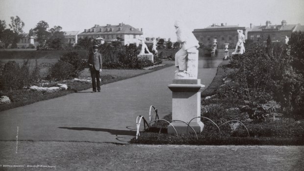 Pathway and statues in the Royal Botanic Gardens c.1880.