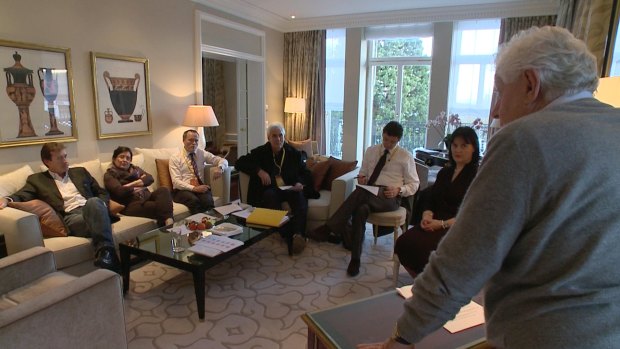 Frank Lowy practises his speech to the FIFA executive committee in Zurich, December 2010. Andreas Abold is second from right in the "audience".