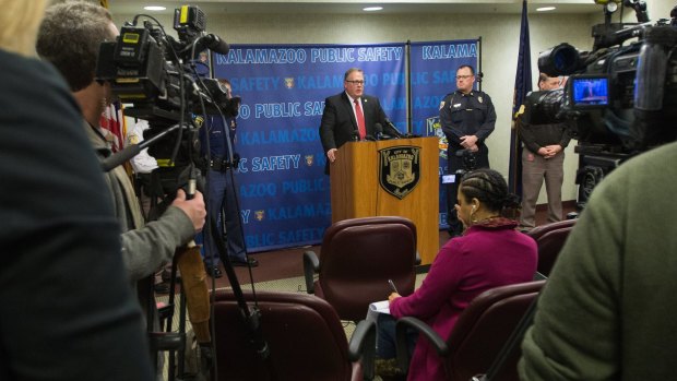 Jeff Getting, prosecuting attorney, speaks during a news conference on Sunday following the arrest of Jason Dalton in connection with shootings in Kalamazoo.