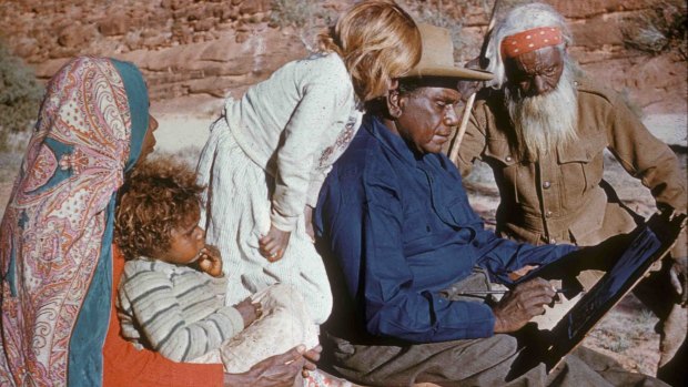 Albert Namatjira with his wife Rubina, grandchildren and father Jonathon.