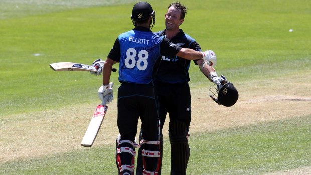 Smashed 'em: Black Caps Grant Elliott and Luke Ronchi both scored unbeaten centuries to help their side to 360-5 in the fifth ODI against Sri Lanka in Dunedin. 
