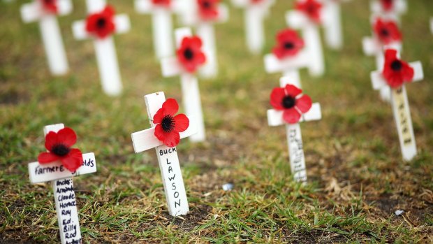 Poppies are seen prior to the ANZAC Day service at Port Melbourne.