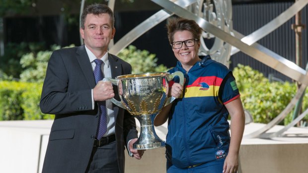 AFP commissioner, Andrew Colvin welcomes Women's AFL premiership coach and AFP officer Bec Goddard back to Canberra.