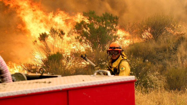 Los Angeles County firefighters pause to fight the flames due to erratic winds in Placenta Caynon Road in Santa Clarita, California.