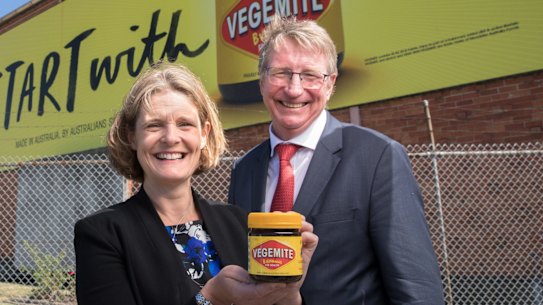 Mondelez's Australian vice president Amanda Banfield and Bega Cheese executive chairman Barry Irvin.