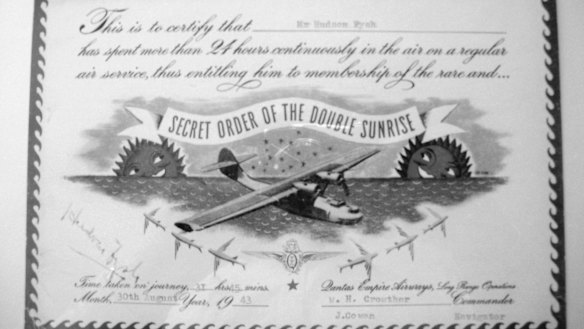 The Double Sunrise certificate earned by Hudson Fysh in August 1943 when he flew home on the Catalina service after a visit to Britain. The flight took 32 hours, the longest ever recorded for the crossing.