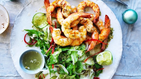 Matt Moran's barbecued prawns with nam jim dressing.